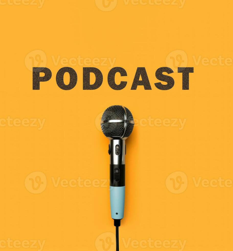 mic on yellow background with podcast lettering with copy space AI generated photo