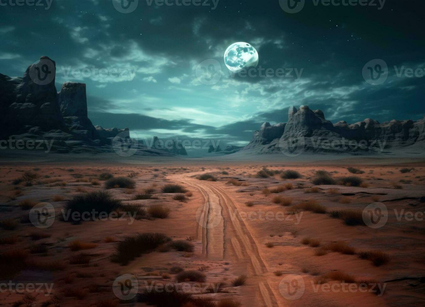 An amazing panoramic view of the moon above Desert AI generated photo