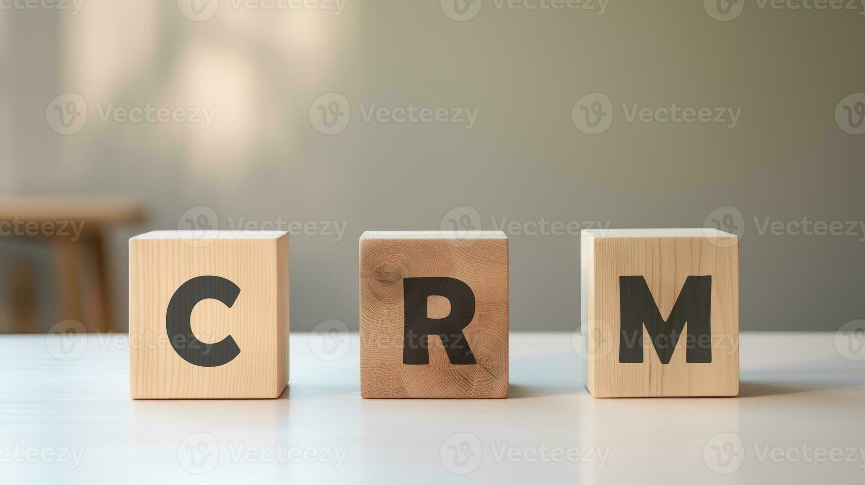 CRM on wooden block on office background, management concept AI generated photo