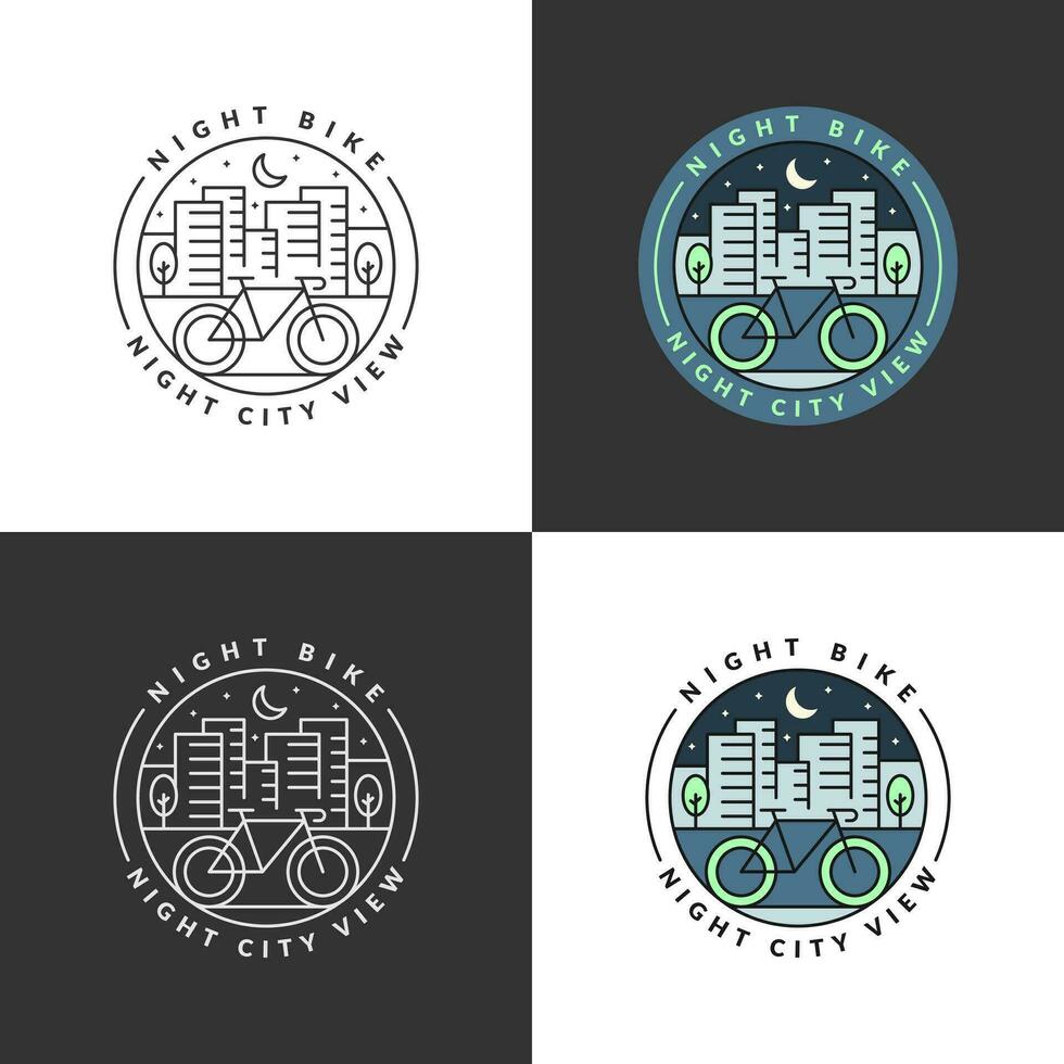 Set of night city and bicycle monoline or line art style vector illustration