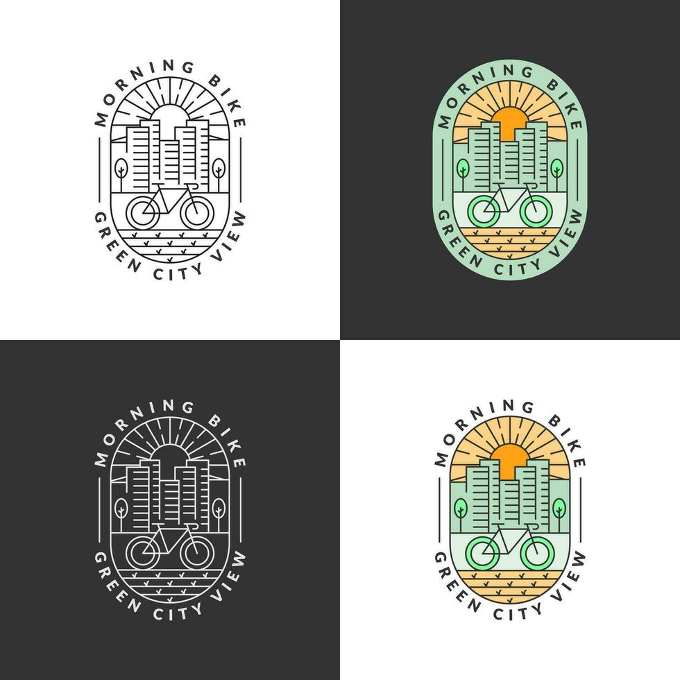 Set of morning city and bicycle monoline or line art style vector illustration