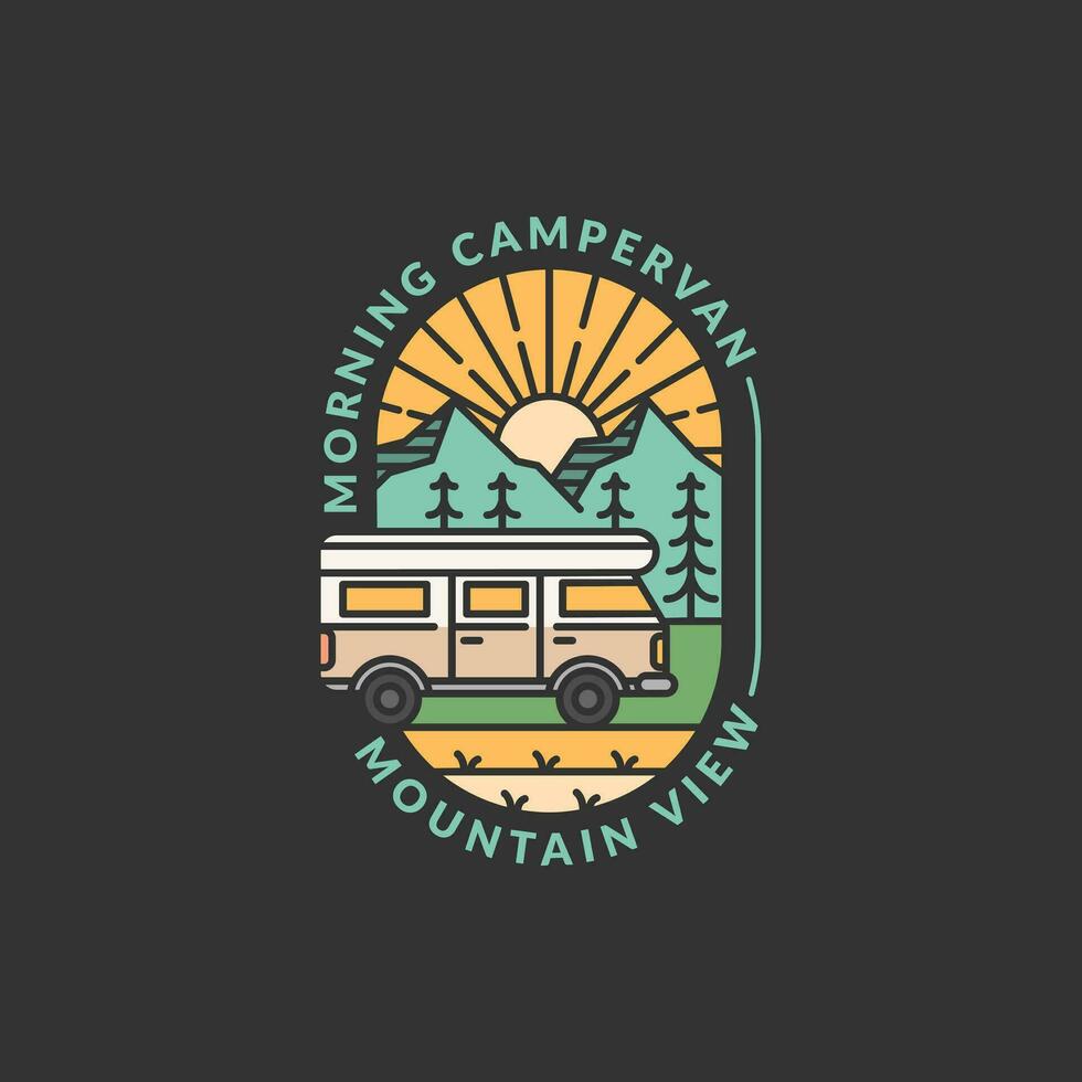 morning mountain and campervan badge monoline or line art style vector illustration