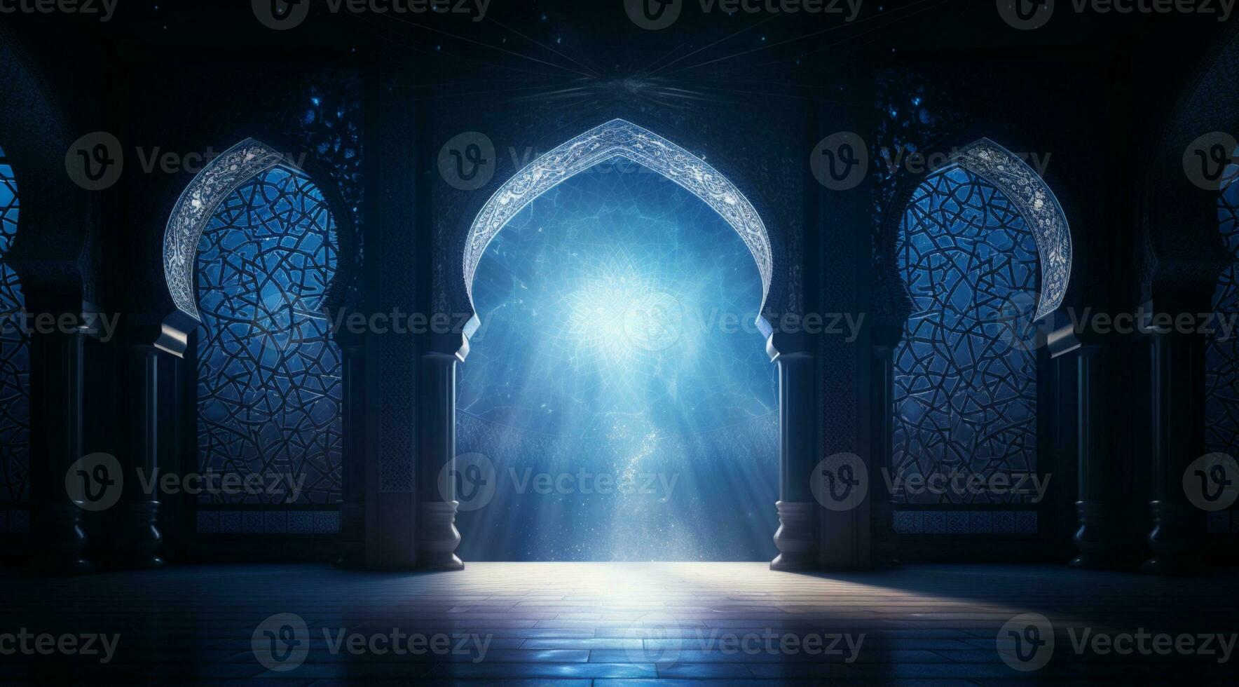 Moon light shine through the window into islamic mosque interior ai generative photo