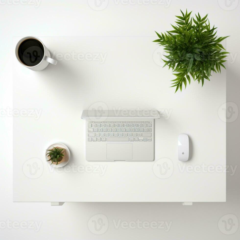 top view of 3d rendered white office table chair and laptop modern interior ai generative photo