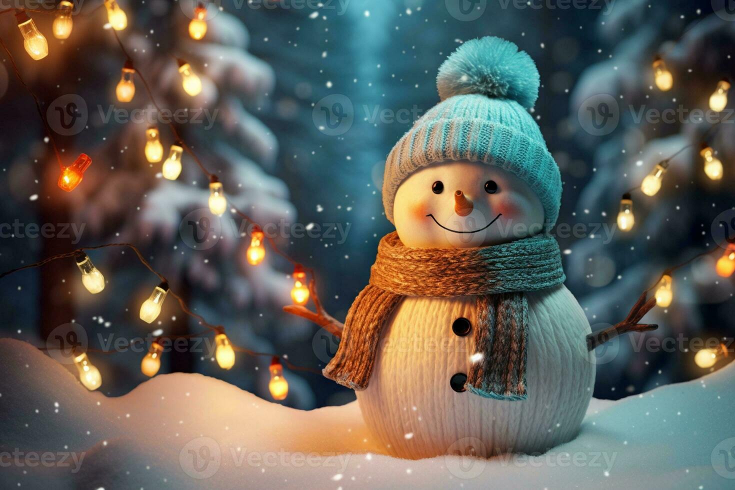 Happy snowman with winter landscape and snow  ai generative photo