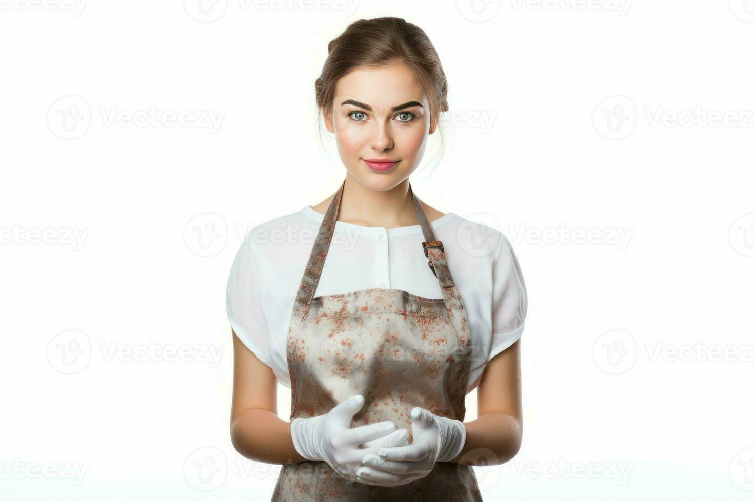 Young woman wearing kitchen apron with rubber gloves. Generate Ai photo