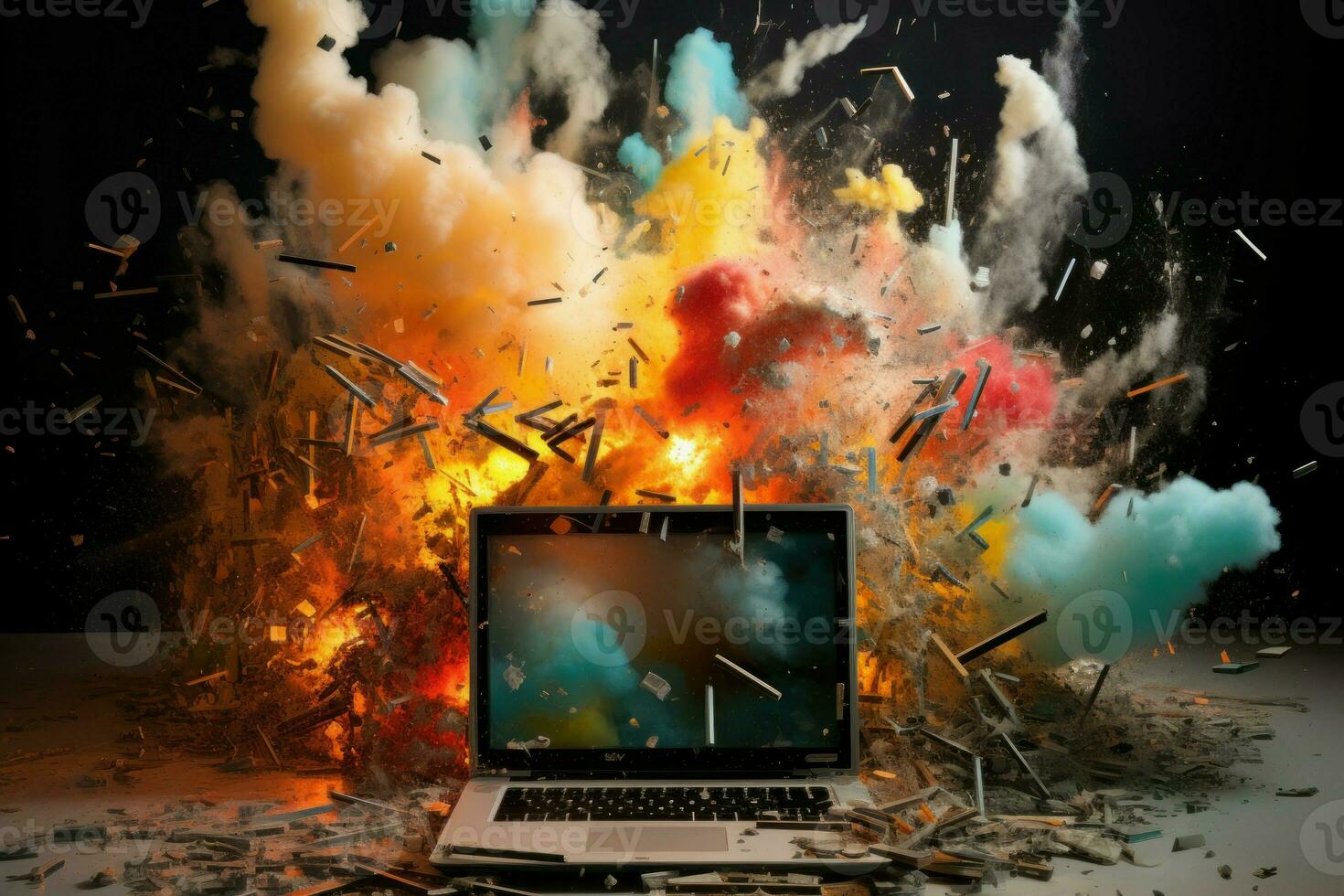 Loud Computer desktop exploding. Generate Ai photo