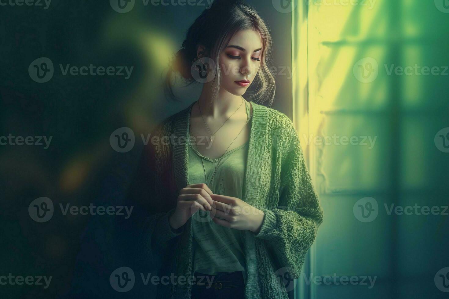 Female posing in green cardigan. Generate ai photo