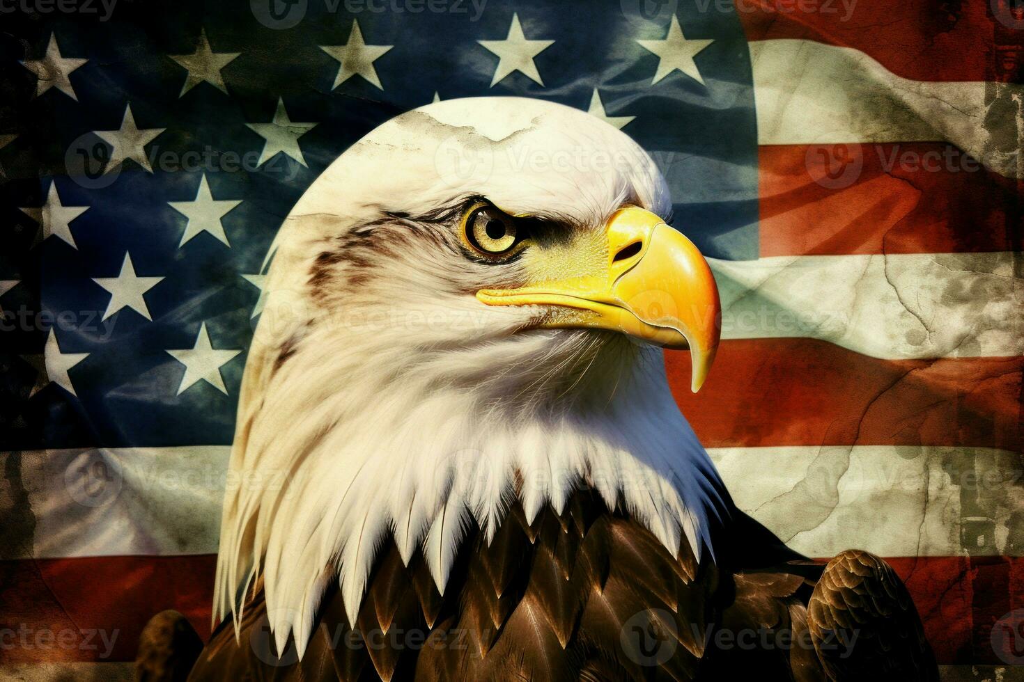 A powerful bald eagle dominates, set against the American flag featuring state designs. Generate Ai photo