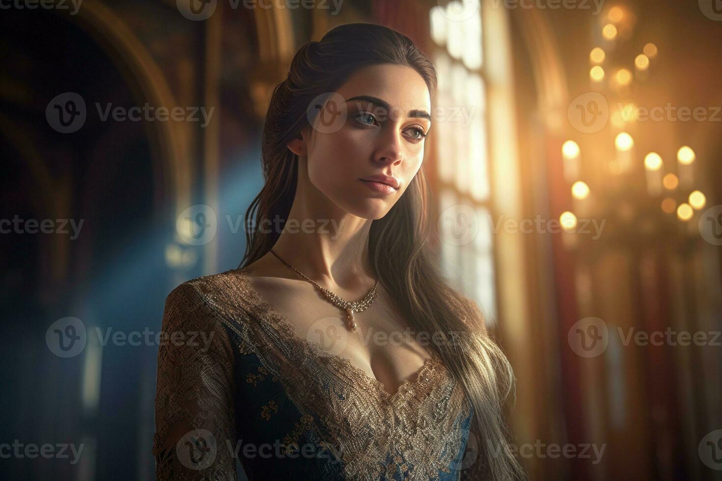 Woman with long hair in medieval building. Generate ai photo