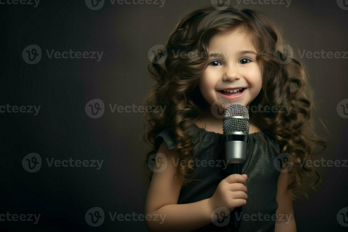 artístico pequeño niña con música micrófono. generar ai foto