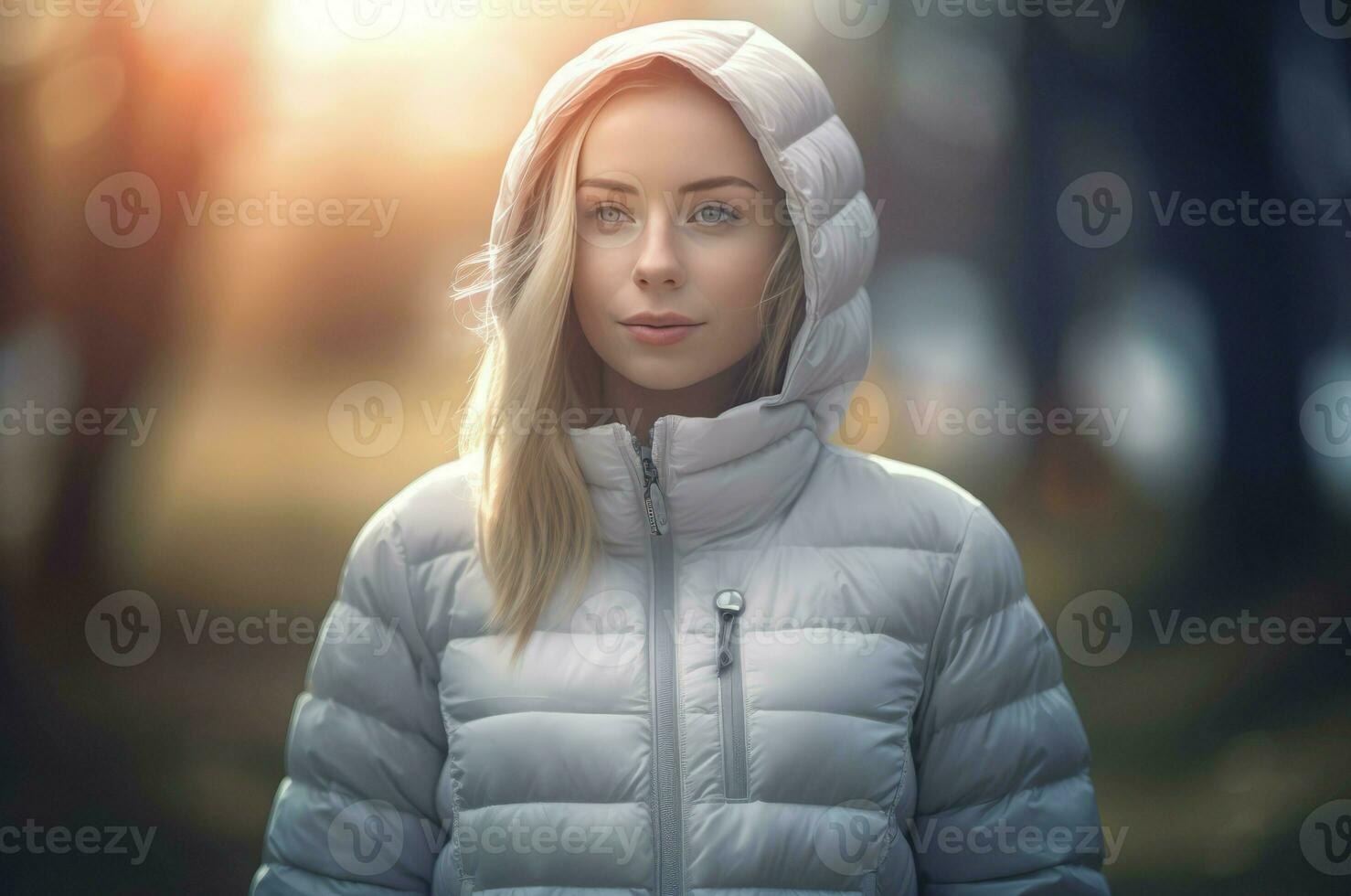 Female model in white jacket with hood. Generate ai photo