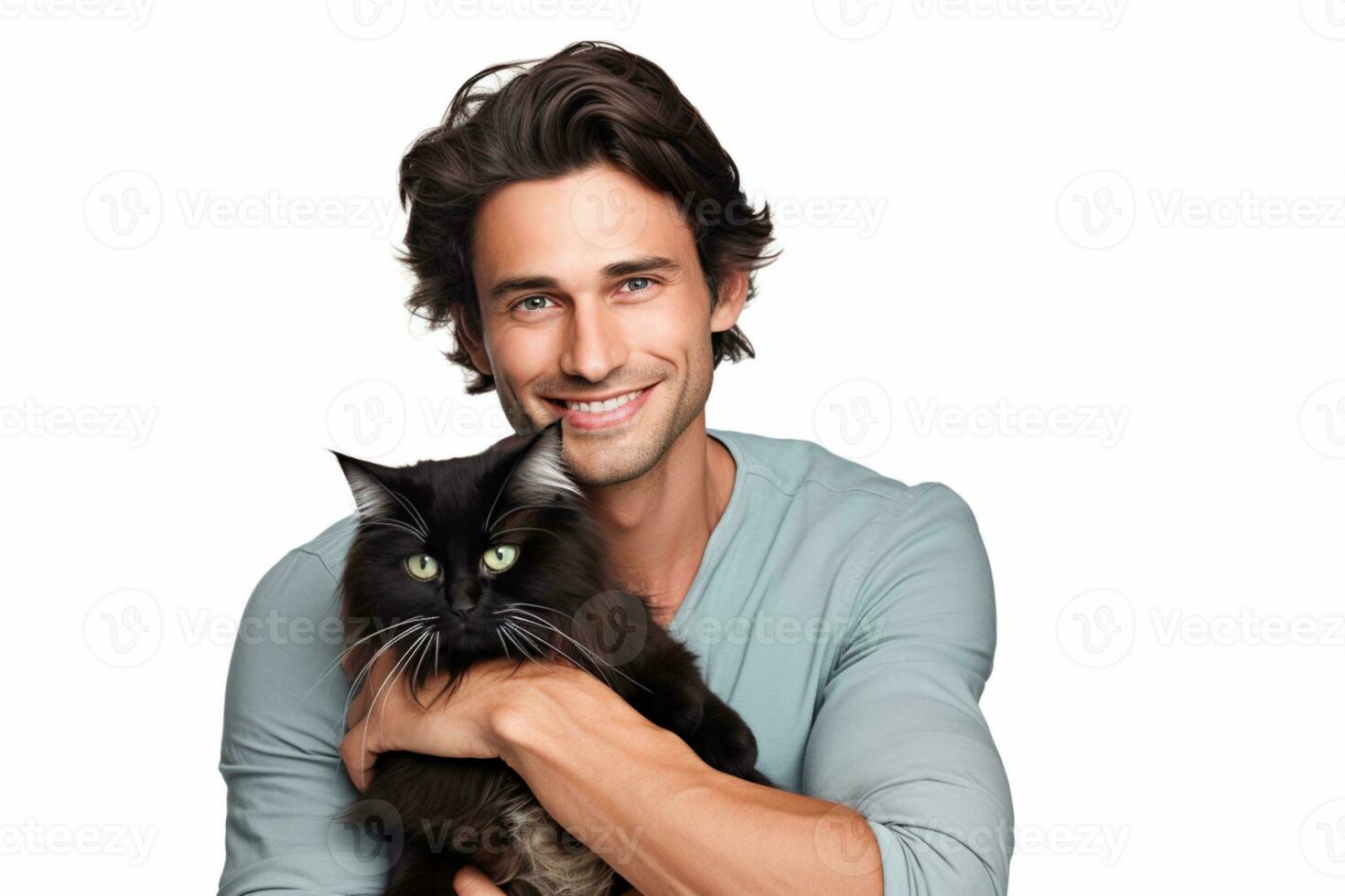 beautiful young caucasian brunette man cuddles french cat on white background ai generative photo