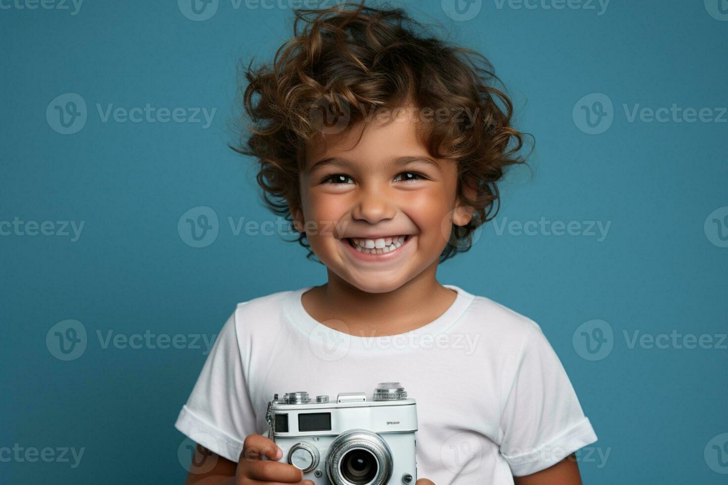 boy in white shirt standing on a blue background ai generative photo