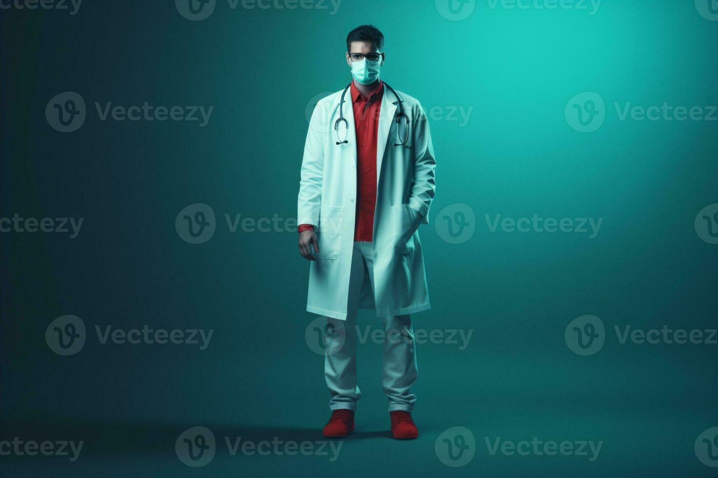 full Portrait of handsome men doctor against green background ai generative photo