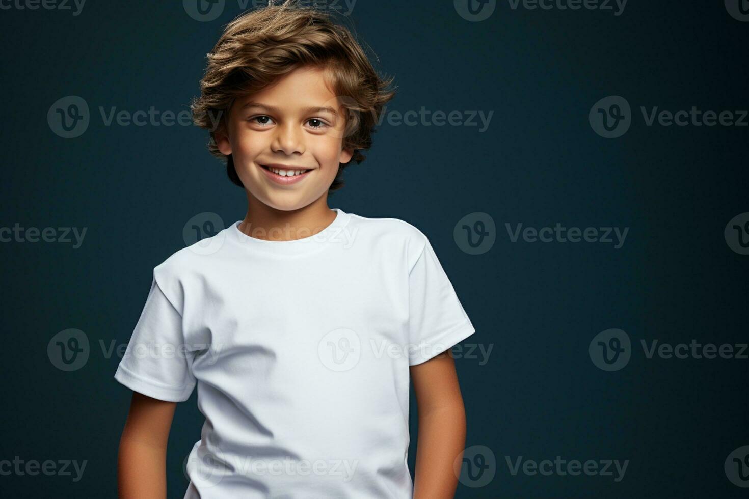 boy in white shirt standing on a blue background ai generative photo