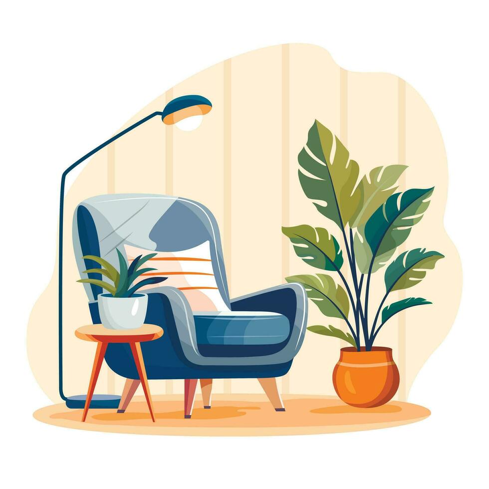 Illustration of an armchair and a houseplant. Living room. Rest. Vector. vector