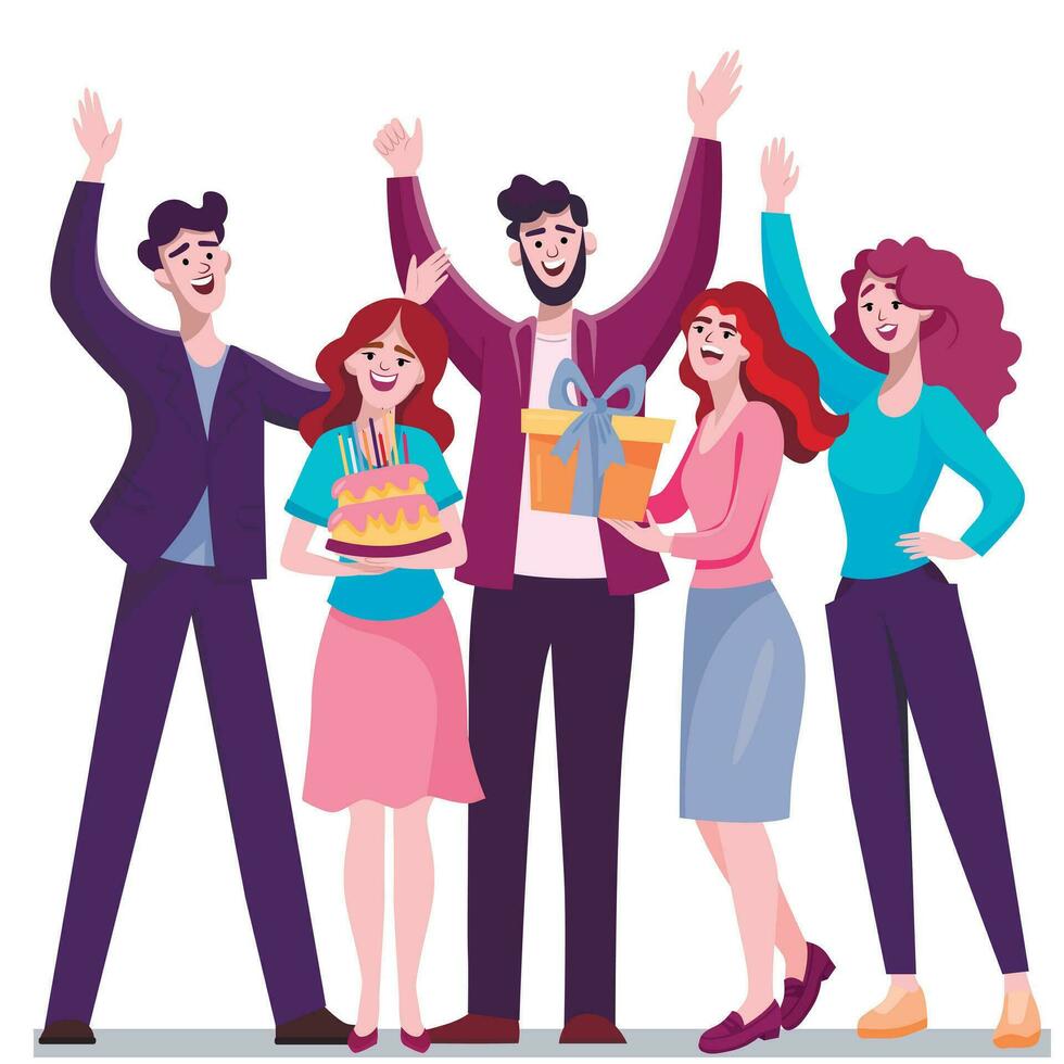 Illustration with happy people celebrating a holiday. Smiling men and women at a birthday party with cake and gift. Friends or colleagues. Vector illustration isolated on white background.