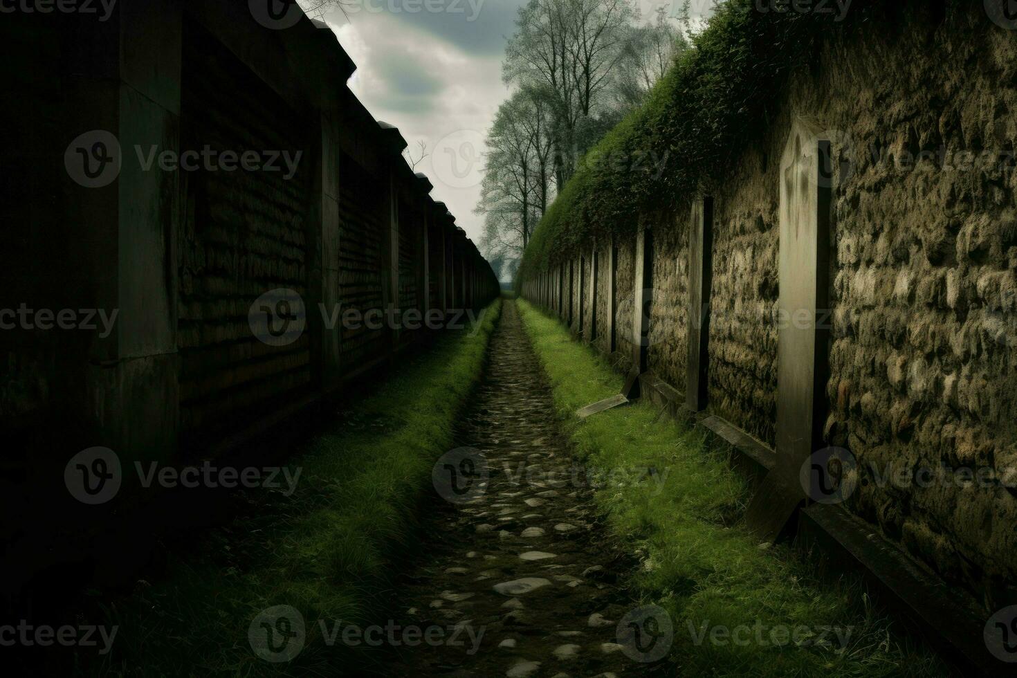 Cemetery path trough high stone walls. Generate ai photo