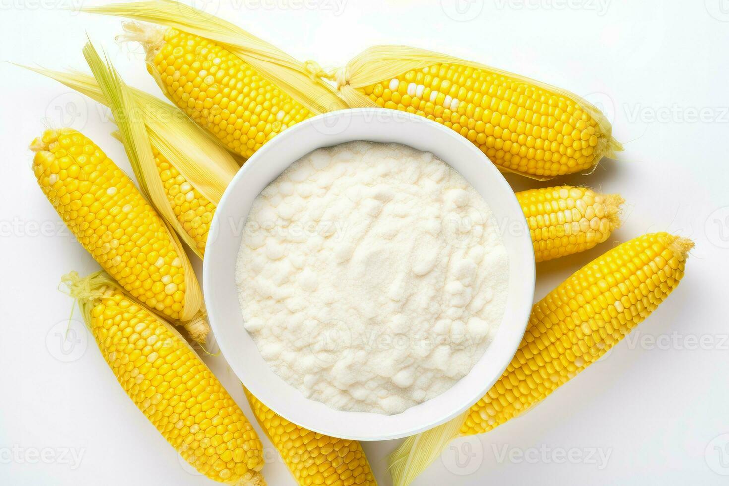 Bowl of corn starch and ripe cobs on white background. Generate Ai photo