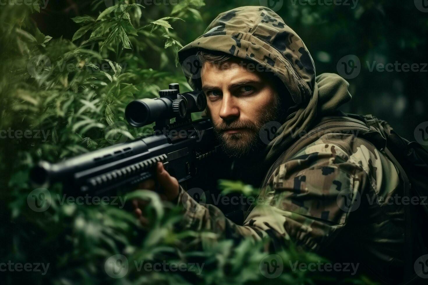 hombre vistiendo camuflaje y puntería con caza rifle en verde césped. generar ai foto