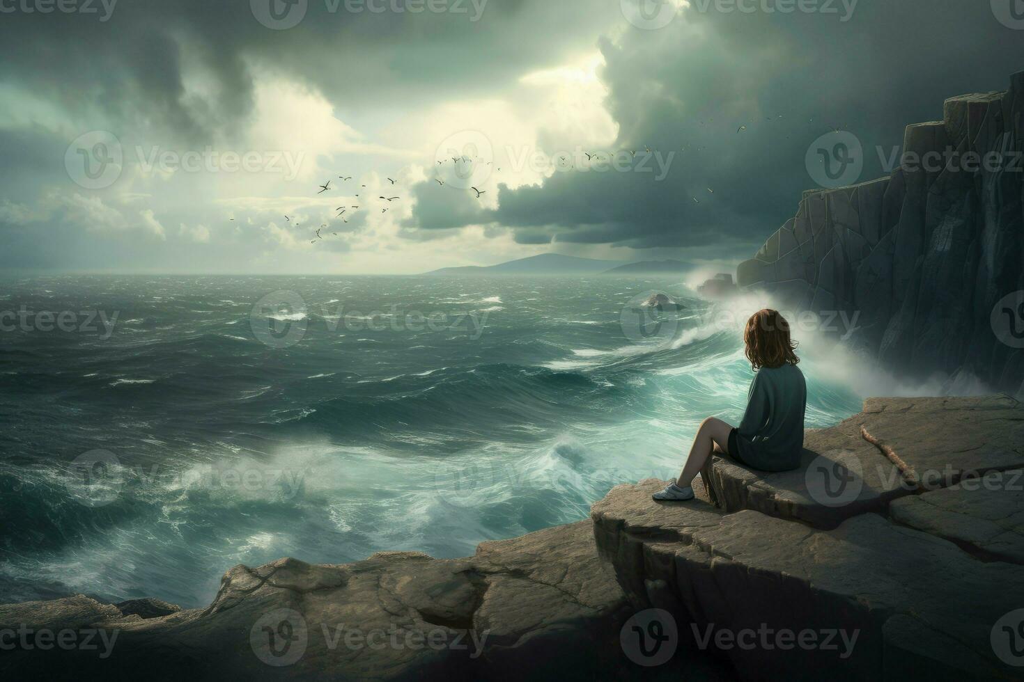 Girl cliff ocean. Generate Ai photo