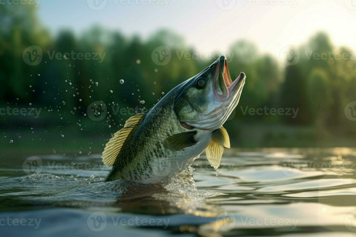 Small bass taking off river. Generate Ai photo