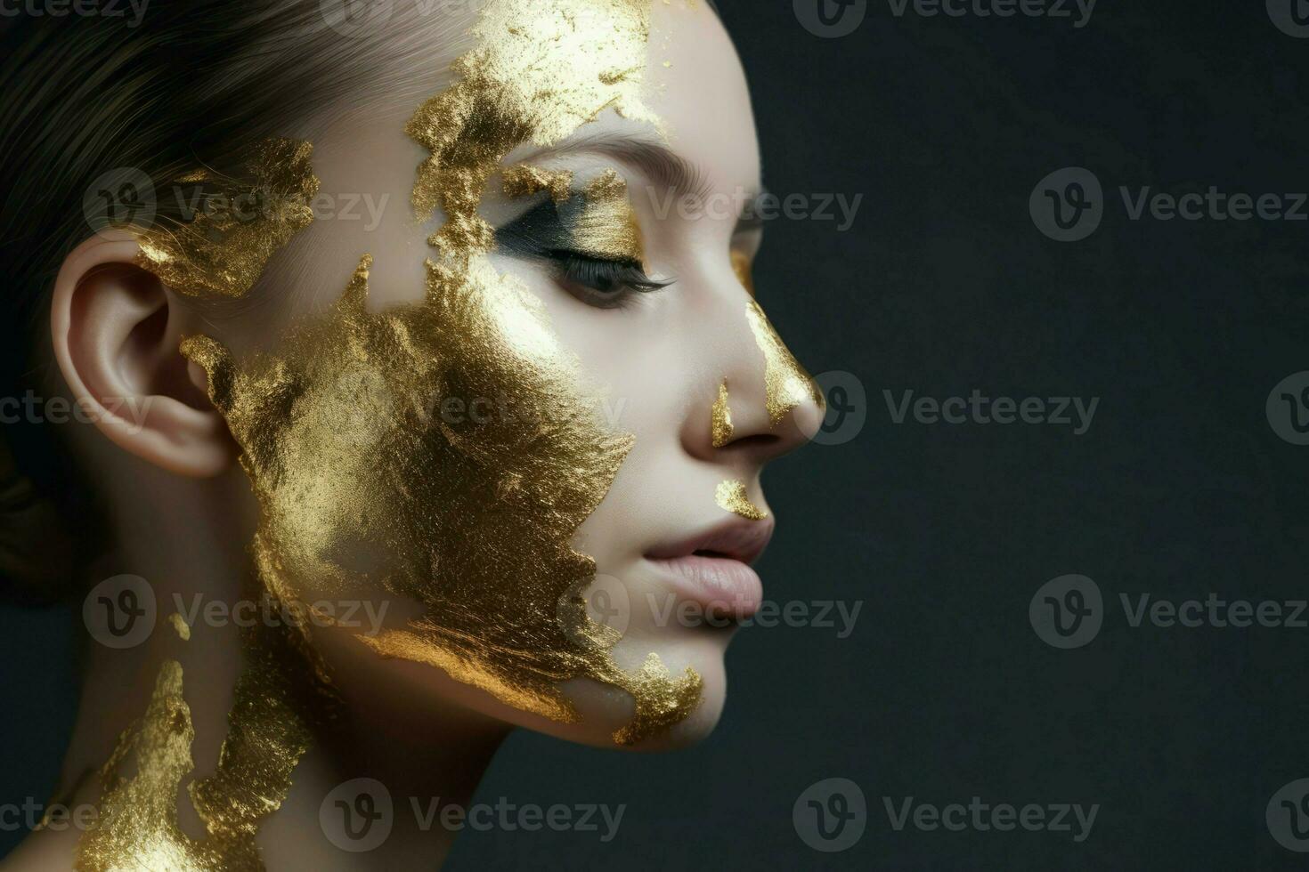 dama con dorado maquillaje en facial piel. generar ai foto