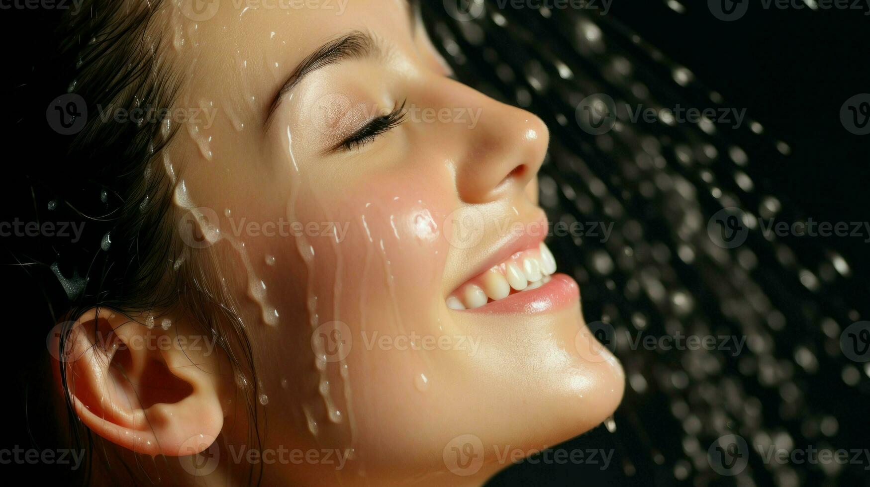 Close-up of a smiling woman's face as water droplets splash on her.. Generative AI photo