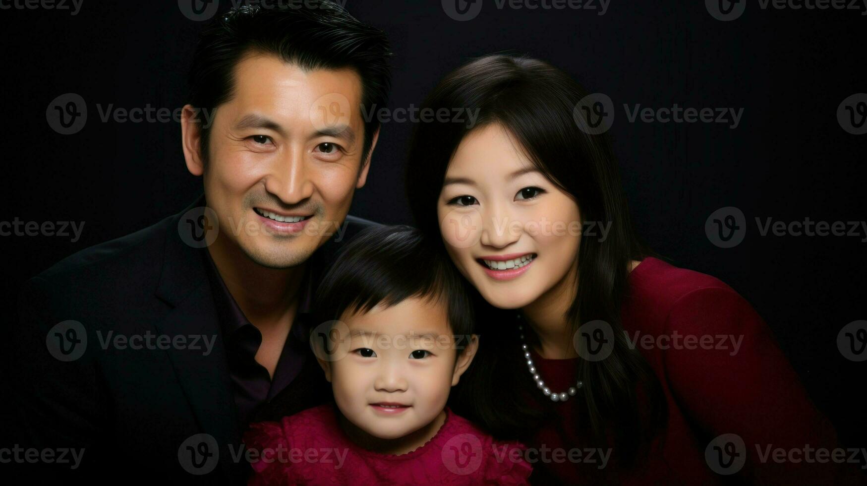 Asian couple with their son smiling at the camera.. Generative AI photo