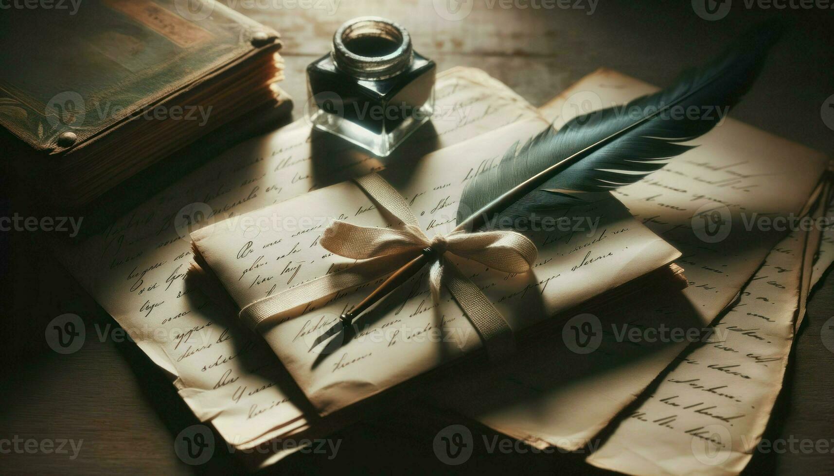 Vintage handwritten letters tied with a ribbon, placed next to an old quill and ink pot.. Generative AI photo