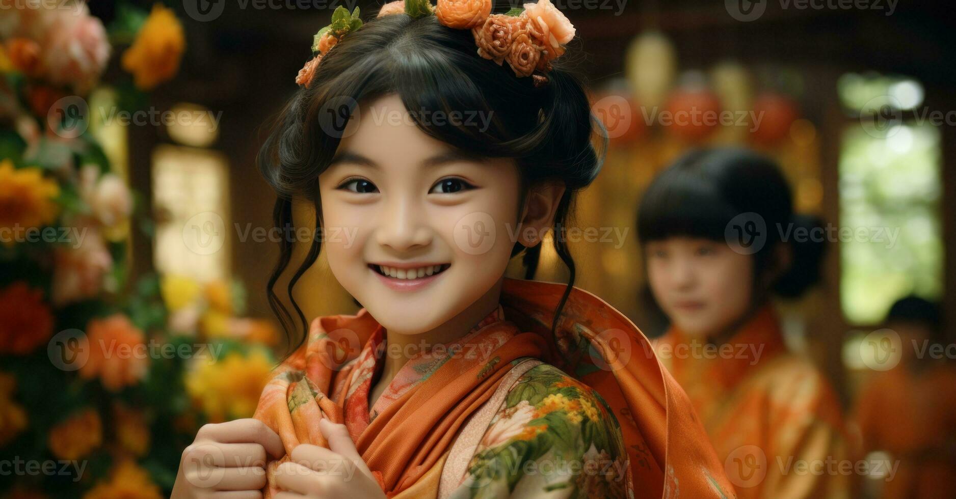 Asian little girls dressed in traditional clothes kimono. Generative AI
