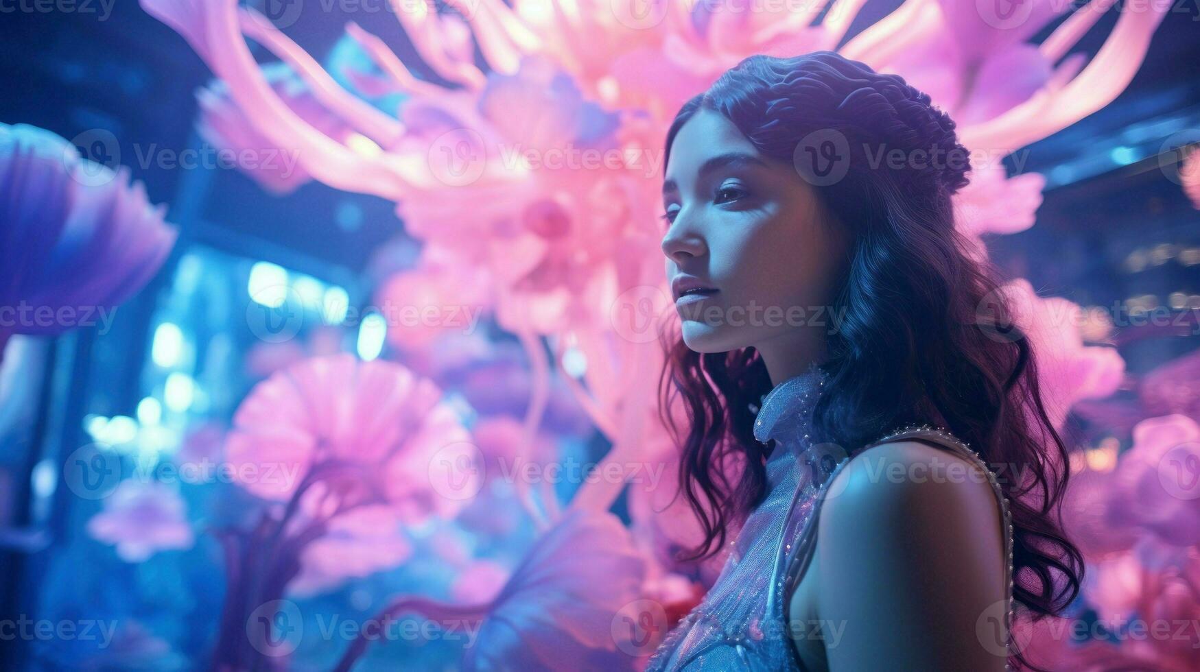 A beautiful female character deep in a virtual fantasy world. Generative AI photo