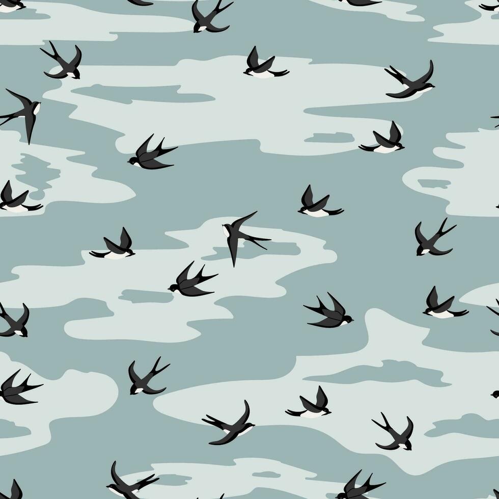 Flying swallows vector seamless pattern. Bird in flight texture.