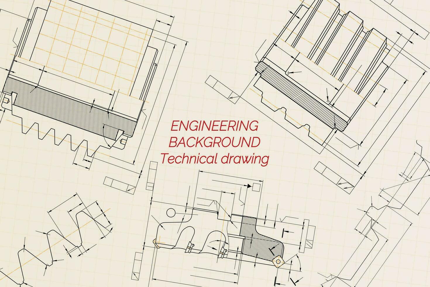 Mechanical engineering drawings on beige technical paper background. Cutting tools, milling cutter. Industrial Design. Cover. Blueprint. Business business. Vector illustration.