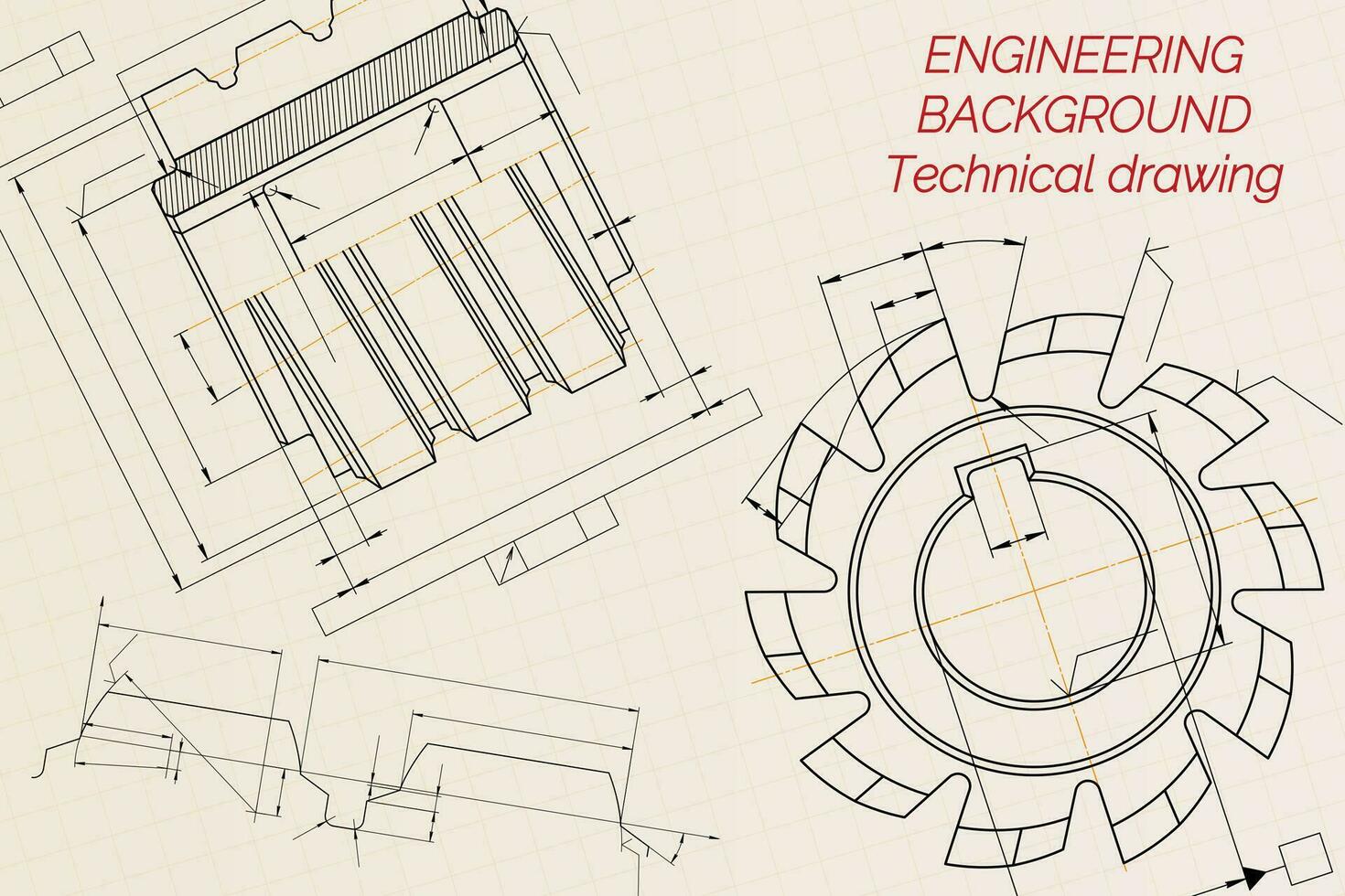 Mechanical engineering drawings on beige technical paper background. Cutting tools, milling cutter. Industrial Design. Cover. Blueprint. Business business. Vector illustration.