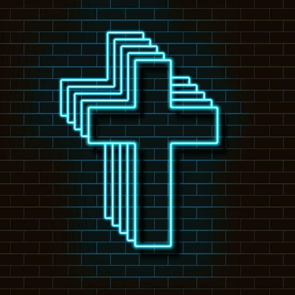 Neon blue christian cross on a brick wall. Decorative realistic retro element for web design. Vector Illustration.