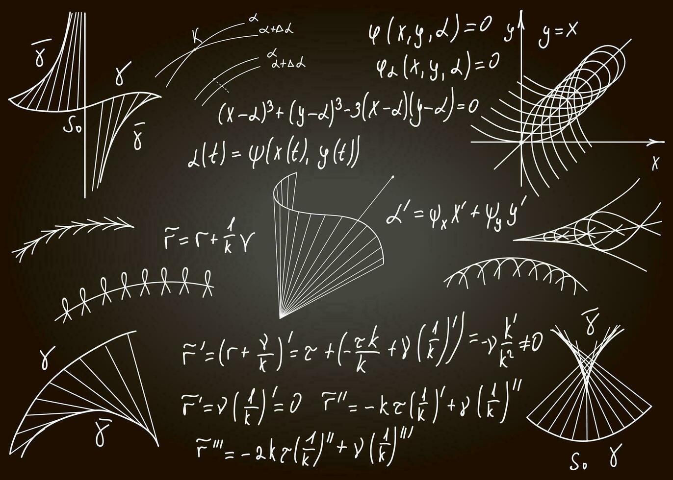 Mathematical formulas drawn by hand on the black chalkboard for the background. Vector illustration.
