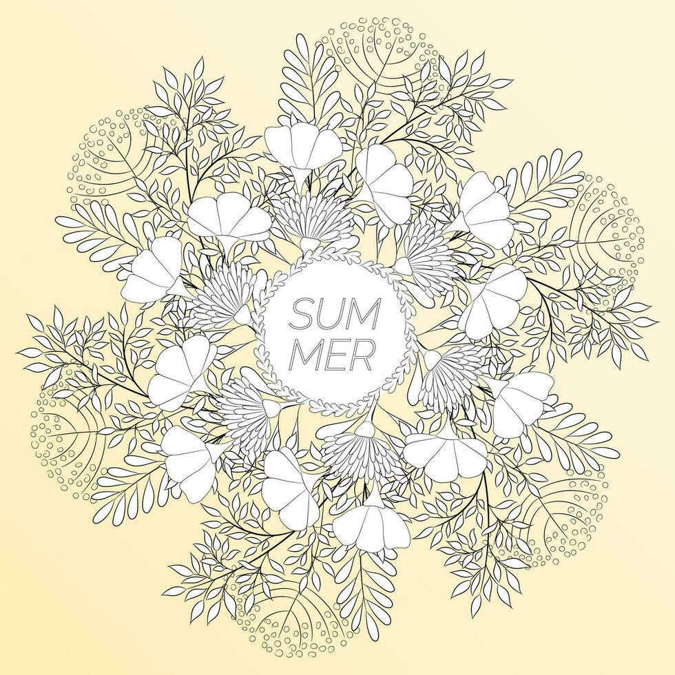 Summer floral background in the form of a wreath. For the design of postcards, brochures, flyers. Coloring page. vector