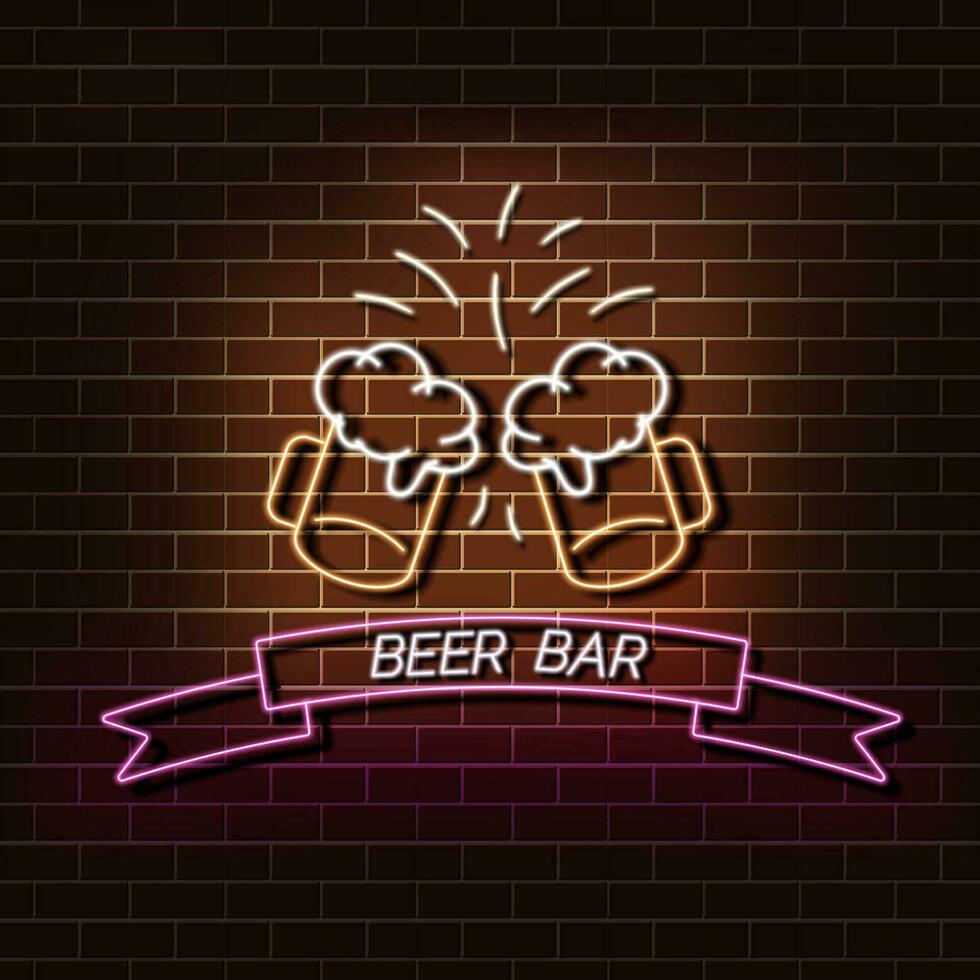 Beer bar neon light banner on a brick wall. Orange and pink sign. Decorative realistic retro element for web design vector