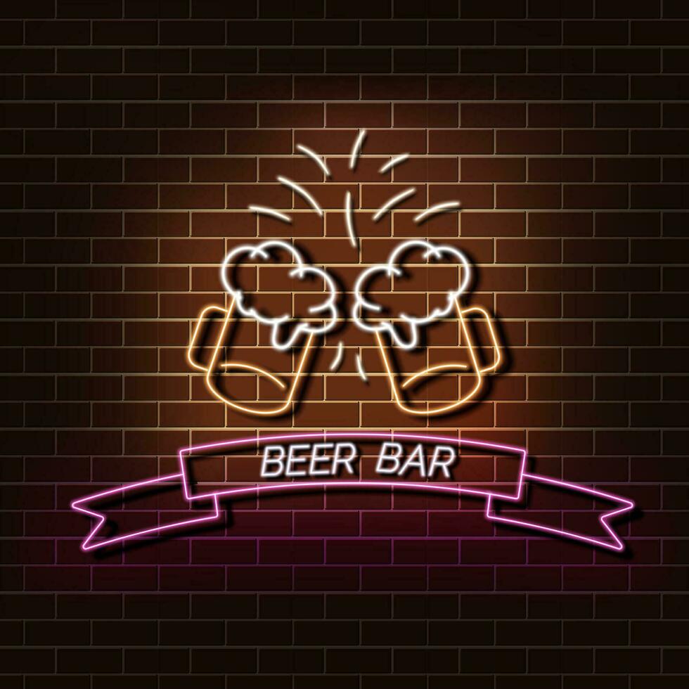 Beer bar neon light banner on a brick wall. Orange and pink sign. Decorative realistic retro element for web design vector