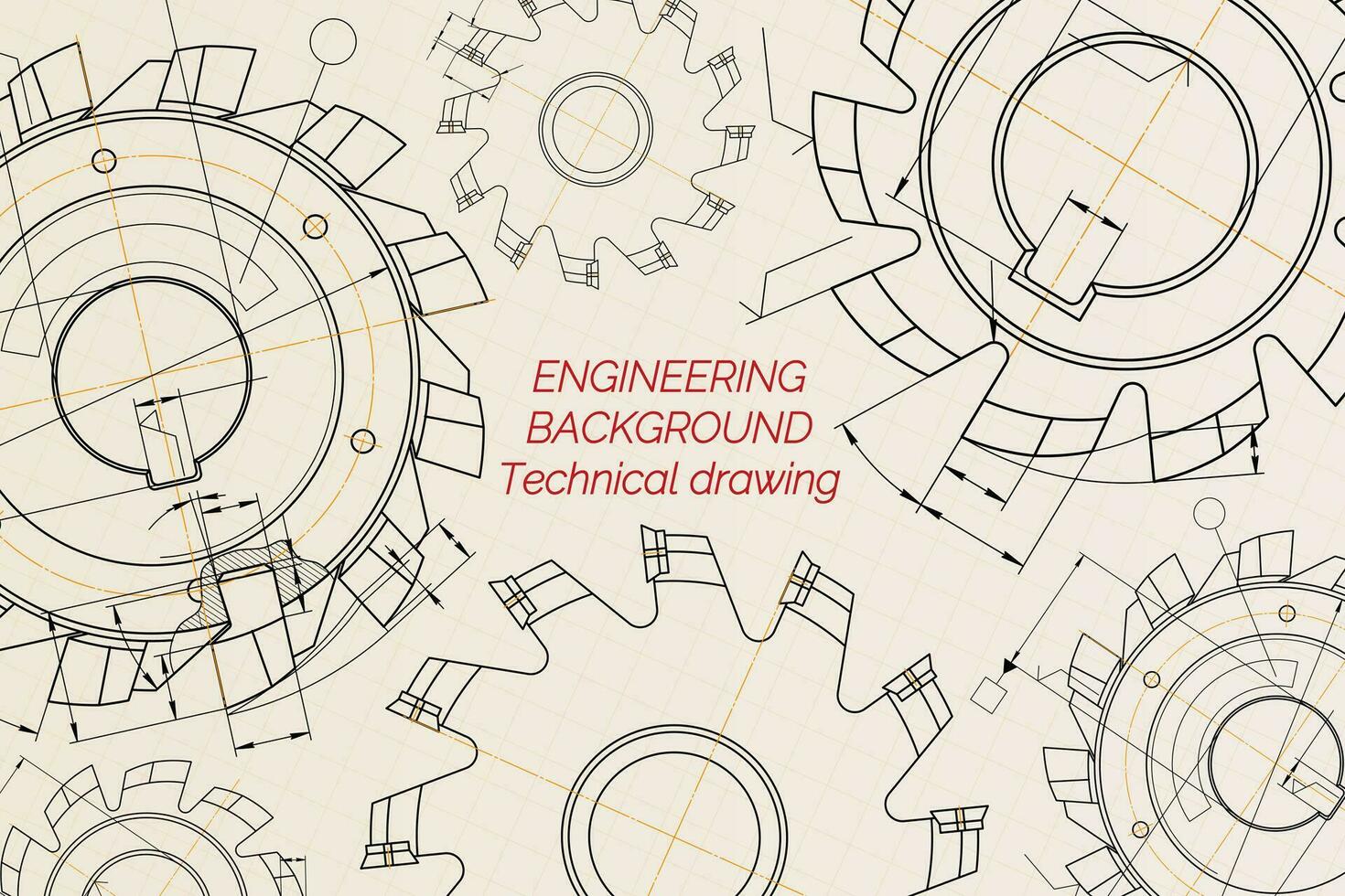 Mechanical engineering drawings on beige technical paper background. Cutting tools, milling cutter. Industrial Design. Cover. Blueprint. Business business. Vector illustration.