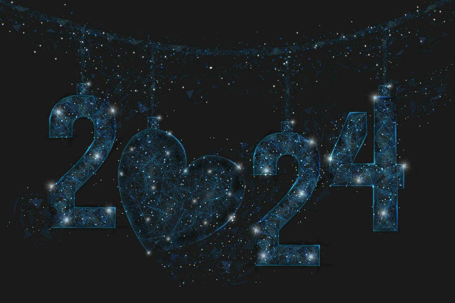 Abstract isolated blue image of new year number 2024. Polygonal low poly wireframe illustration looks like stars in the blask night sky in spase or flying glass shards. Digital web, internet design. vector