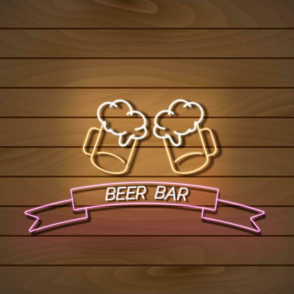 Beer bar neon light banner on a wooden wall. Orange and pink sign. Decorative realistic retro element for web design vector