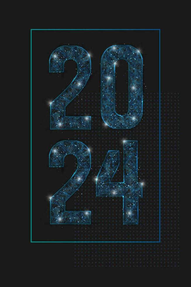 Abstract isolated blue image of new year number 2024. Polygonal low poly wireframe illustration looks like stars in the blask night sky in spase or flying glass shards. Digital web, internet design. vector