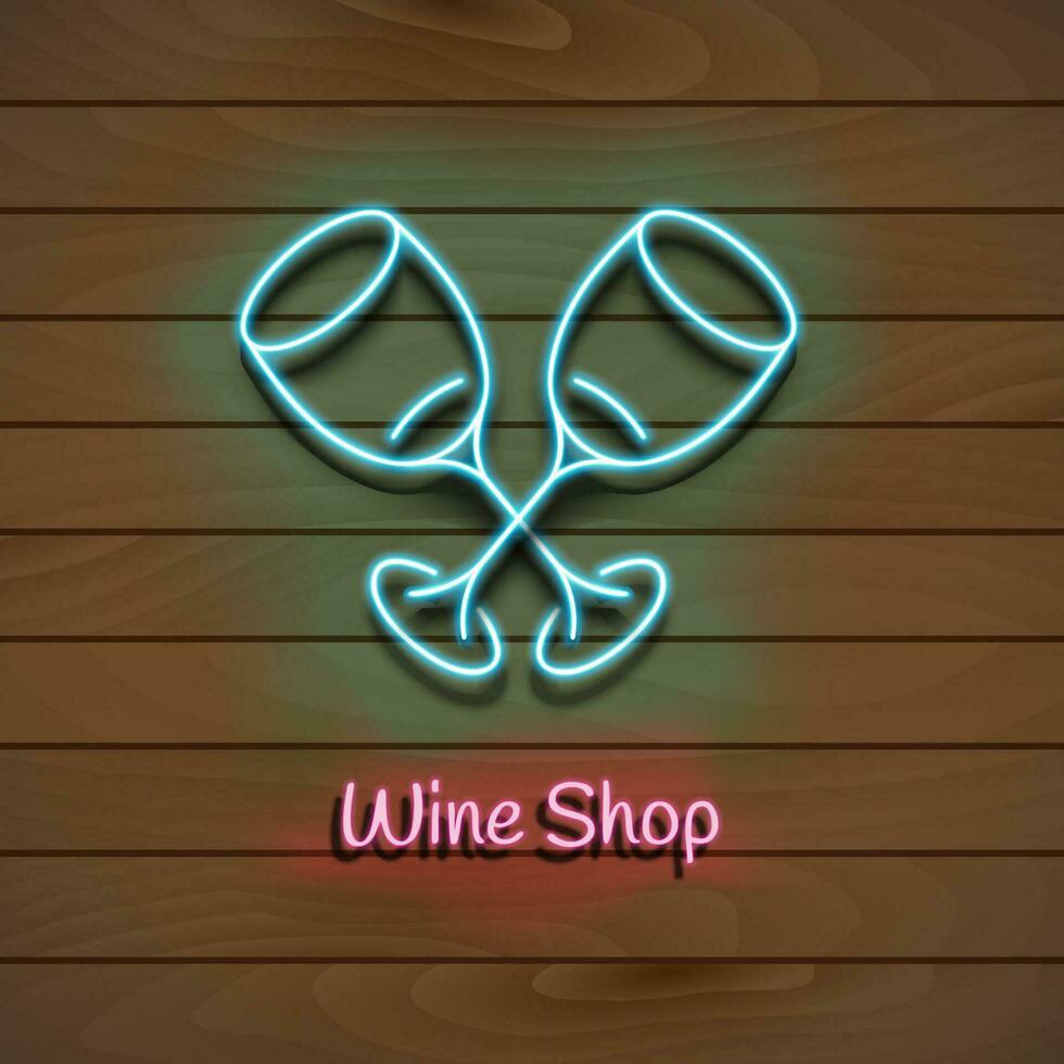 Wine shop. Neon blue sign. light banner on a wooden wall. Vector Illustration.