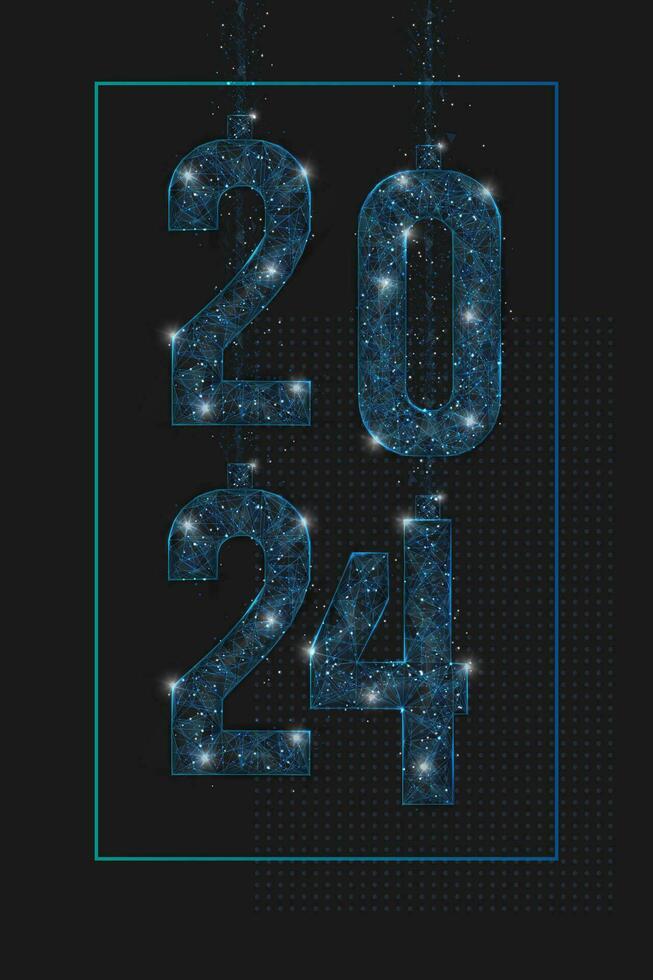 resumen aislado azul imagen de nuevo año número 2024. poligonal bajo escuela politécnica estructura metálica ilustración mira me gusta estrellas en el en blanco noche cielo en spase o volador vaso fragmentos digital web, Internet diseño. vector