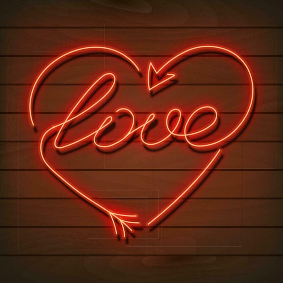 Neon word love. A bright red sign on a wooden wall. Element of design for a happy Valentine s day. Vector illustration.