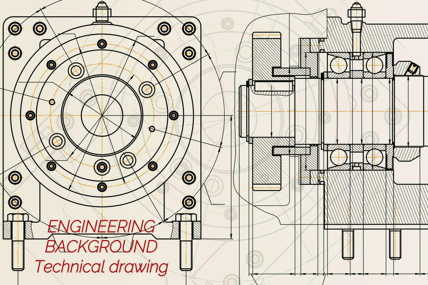 Mechanical engineering drawings on light background. Milling machine spindle. Technical Design. Cover. Blueprint. vector
