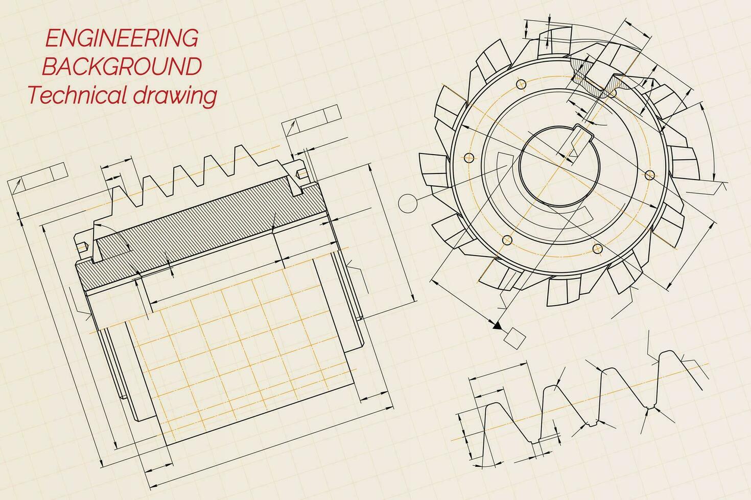 Mechanical engineering drawings on beige technical paper background. Cutting tools, milling cutter. Industrial Design. Cover. Blueprint. Business business. Vector illustration.